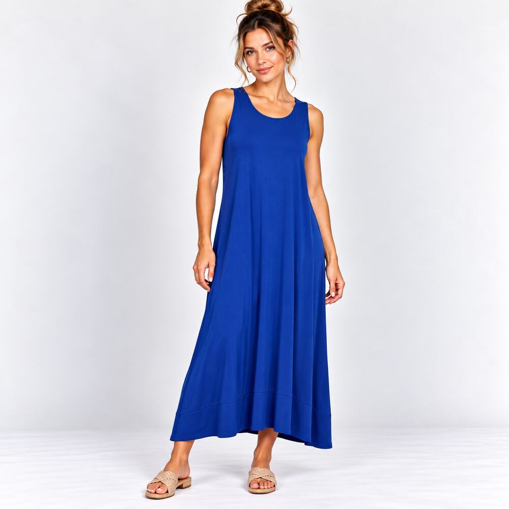 Susan Graver Liquid Knit Sleeveless Dress Women's Size L Blue Minimalist Office
